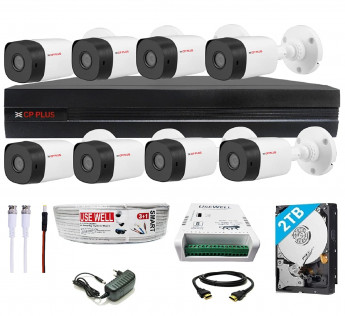 CP PLUS FULL HD 8 CHANNEL DVR WITH 2.4 MP 8 BULLET CAMERAS + 2 TB HDD + (3+1) CABLE ROLL + 8 CH POWER SUPPLY + USEWELL BNC & DC FULL COMBO KIT