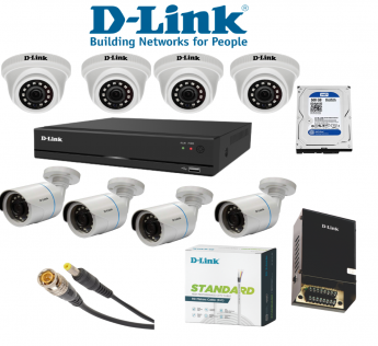 D-LINK FULL COLOR 2MP 4 DOME & 4 BULLET CCTV CAMERA SET WITH 8 CHANNEL DVR + 500GB HARD DRIVE + POWER SUPPLY + CCTV WIRE COMBO KIT